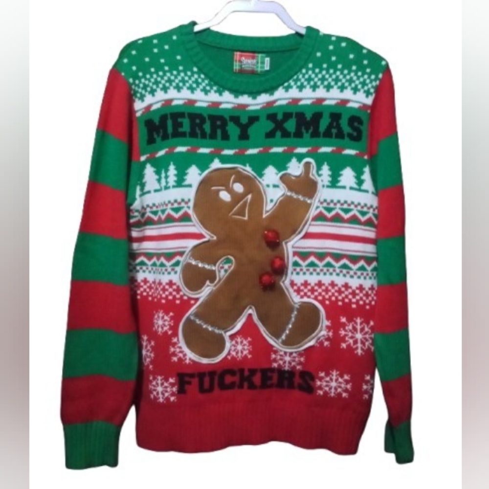 Merry Xmas Gingerbread Men's Christmas Sweater - Green & Red
